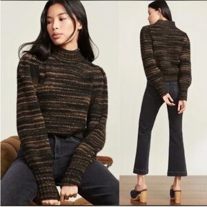 Veronica Beard Striped Alpaca-Blend Mock Neck Sweater in Brown and Black